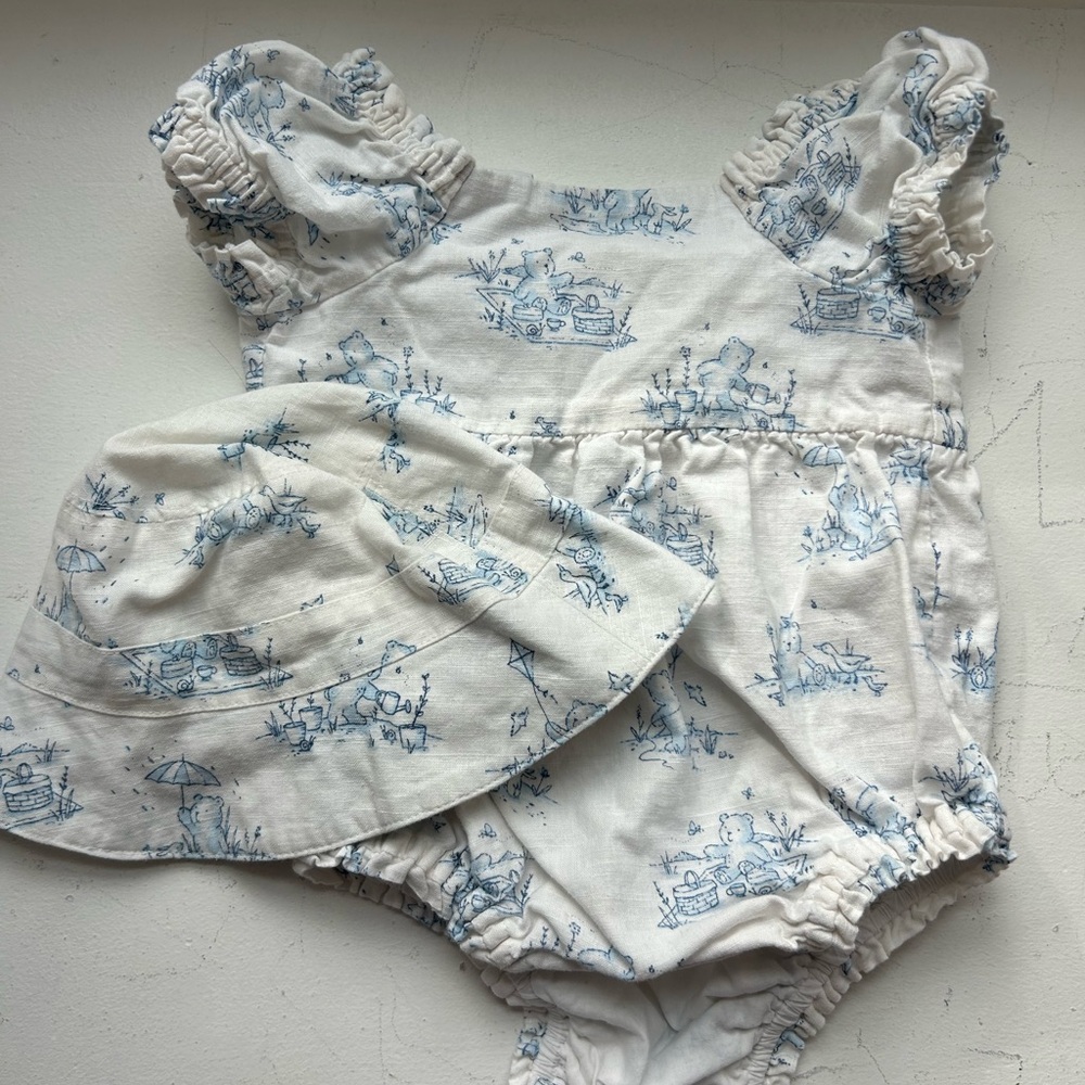 Baby Blue Toile Print Romper and Hat Set